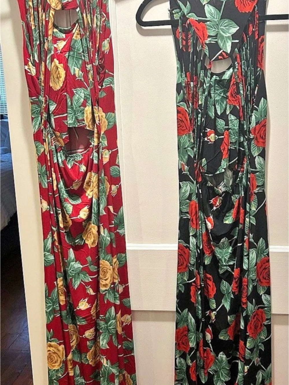 Two Lulus Part of Me Black Rose Print Maxi Dress Red & Black and in Red & Green.